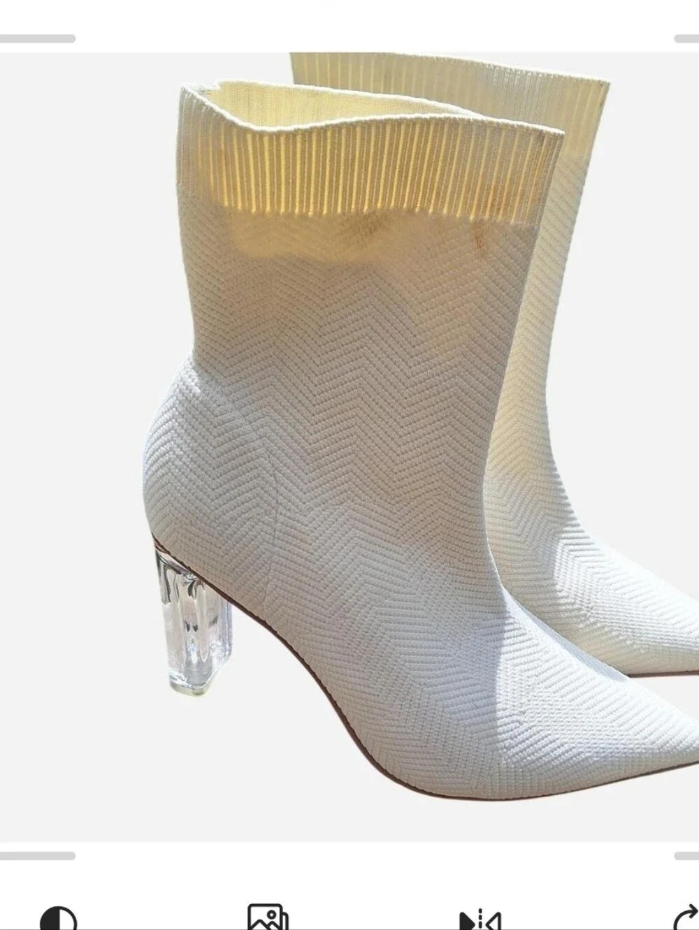 White Knit Sock Booties with Clear Block Heel